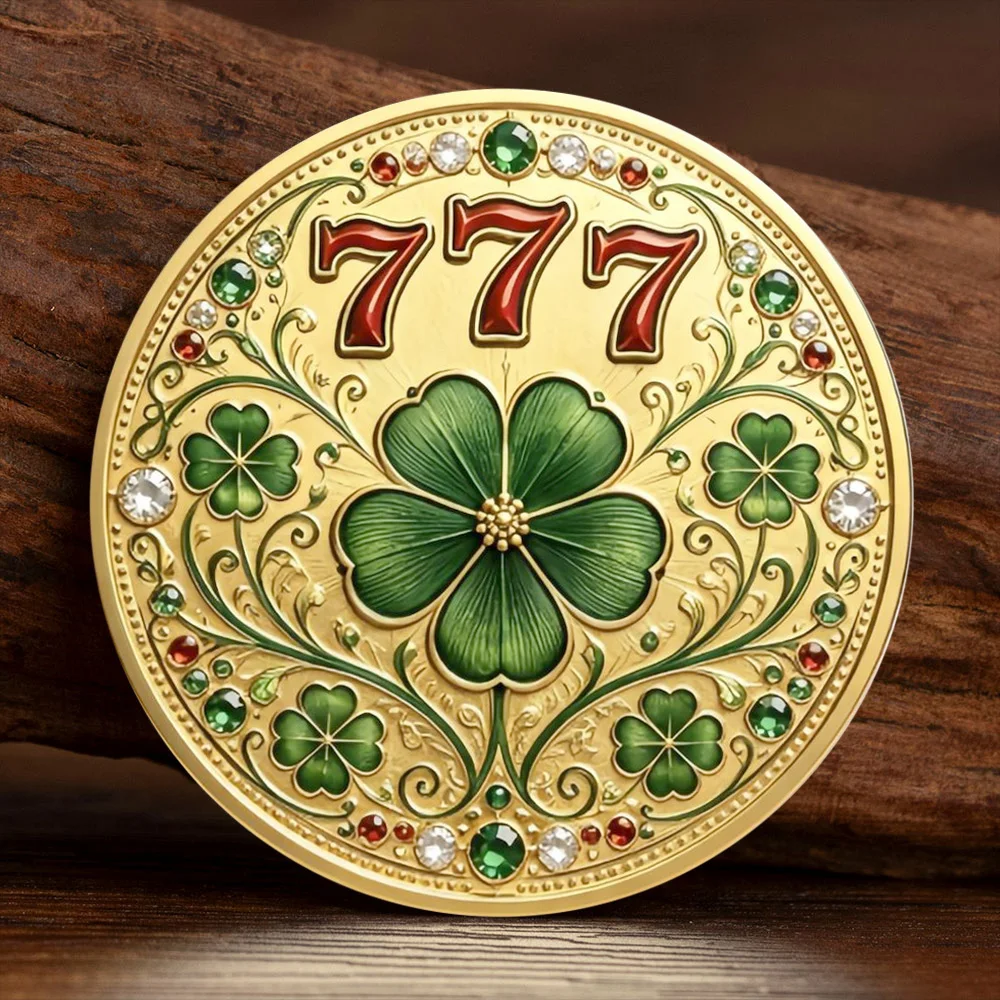 2D 777 Lucky Number Commemorative Coin Four‑Leaf Clover Bee Gold Plated Challenge Coin Luck Faith Destiny Good Luck Gift