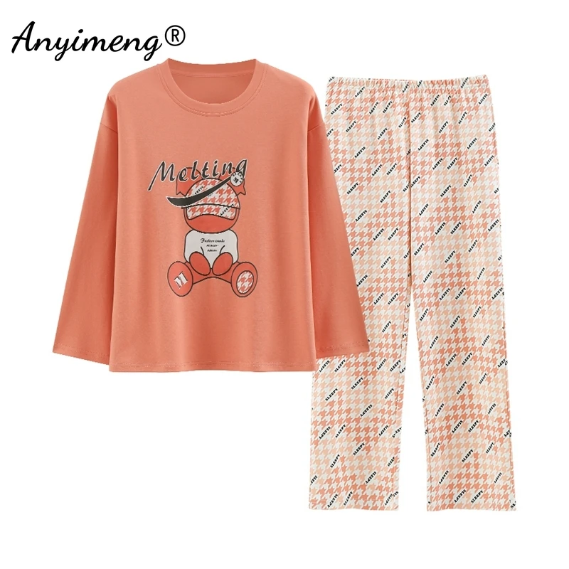 Cute Rabbit Print Pajamas for Women Autumn Winter Pullover Pajama Long Sleeves Long Pants Pijamas Ladies Fashion Loungewear