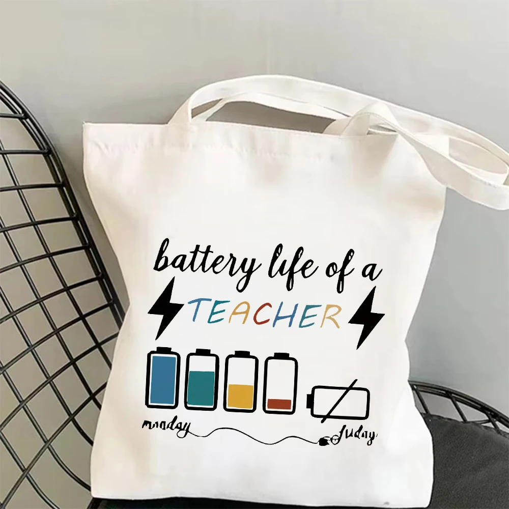

Teacher Inspired Battery Life Print Canvas Shoulder Bag Lightweight Spacious Tote Bag Shopping Work School Travel Eco Friendly