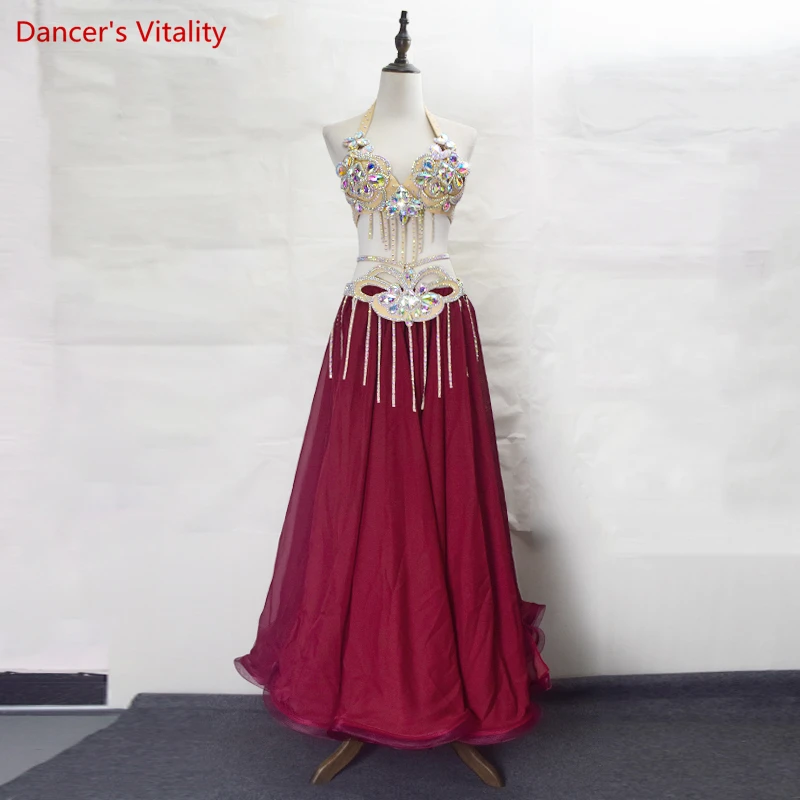 Belly Dance New Performance Costume Sexy Double Split Long Skirt Nude Flash Diamond Suit High-end Custom Summer