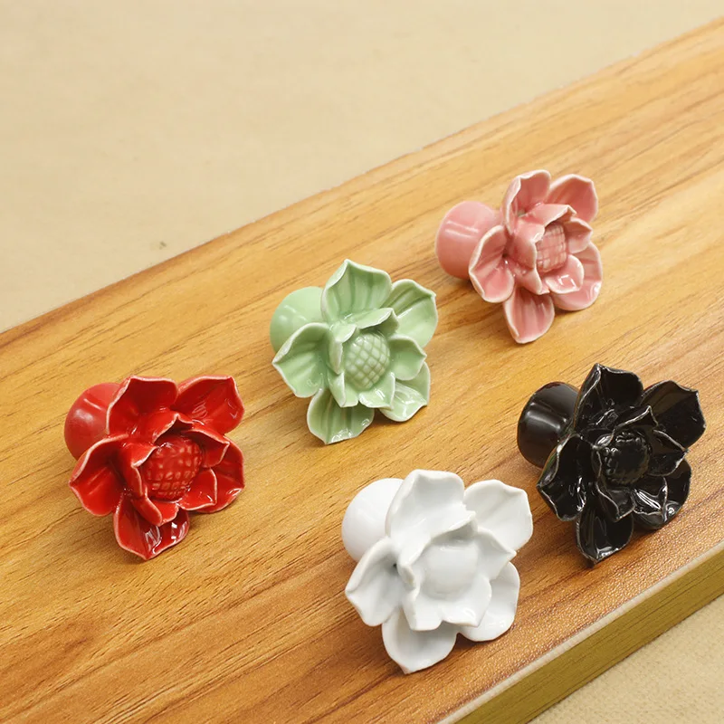 Ceramic Handle Color Lotus Pastoral Children\'s Cartoon Handle Cabinet Drawer Wardrobe pullsFurniture Handles Hardware