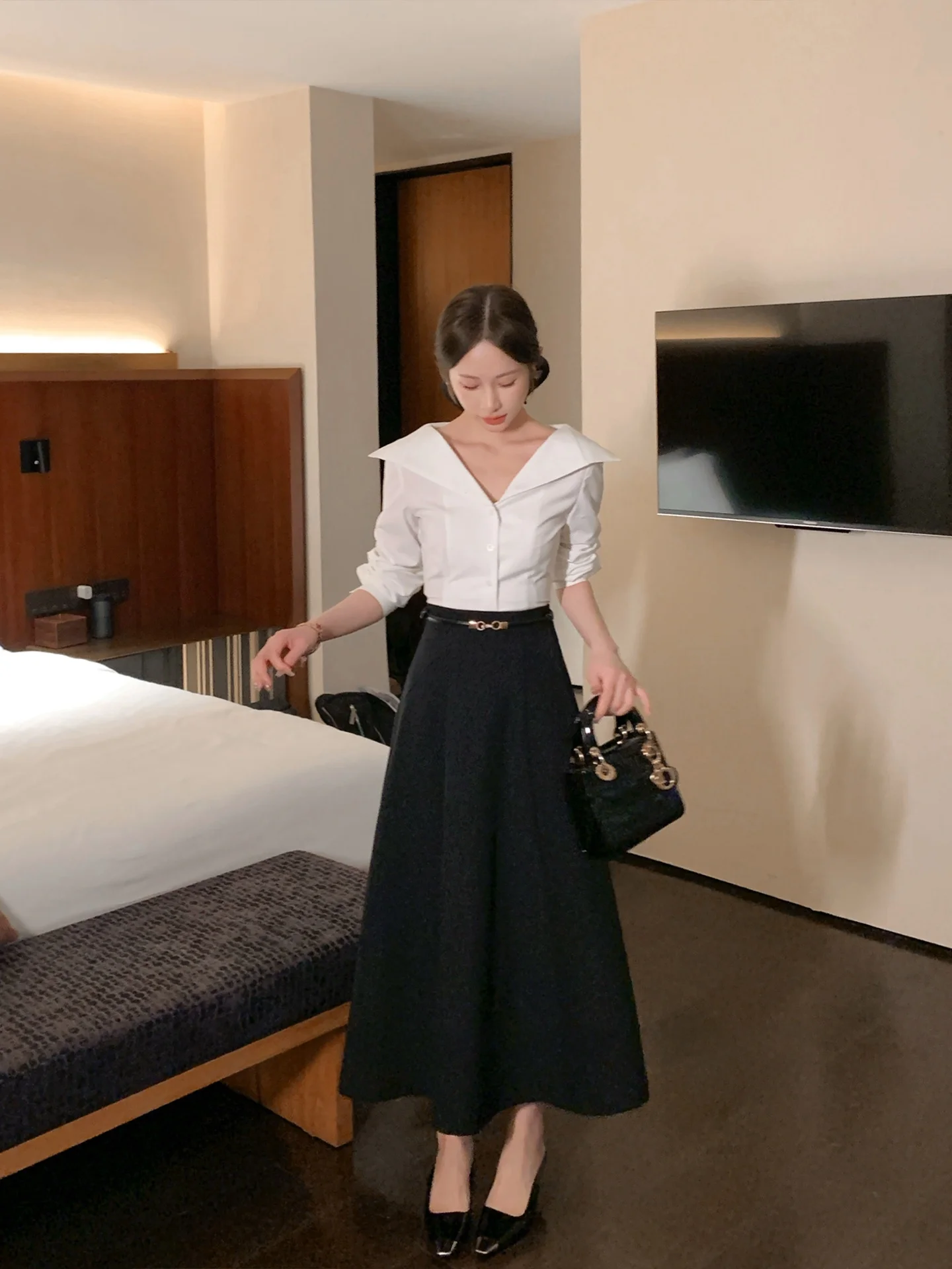 

Paris Encounter Slimming High Waist Midi Skirt Women's Early Spring New Sle Bla Drapey A-Line Skirt Ci Commute