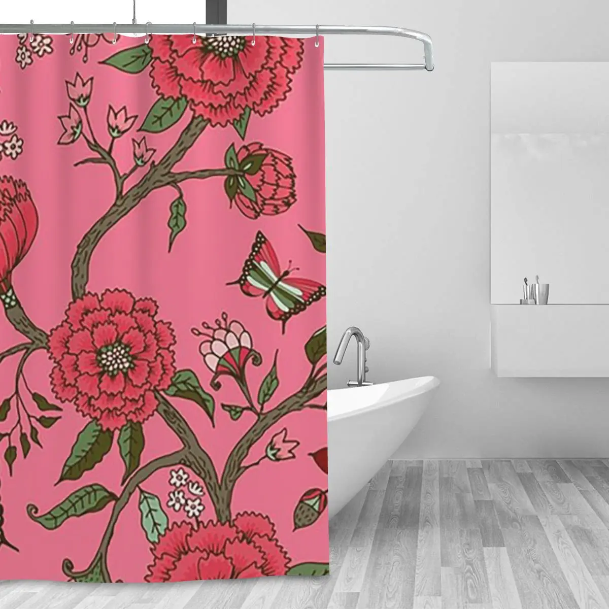 Secret Garden - CORAL Shower Curtain Bathroom Polyester Waterproof Bath Curtains with Hooks