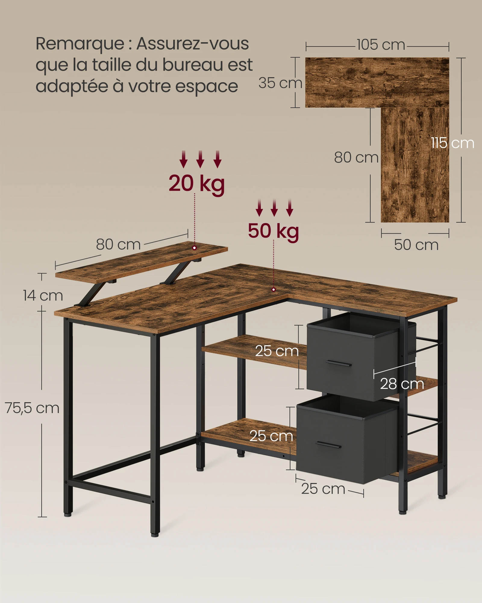 VASAGLE L-Shaped Desk with 2 Spacious Drawers, Gaming Desk with Monitor Stand, Corner Desk, Computer Desk