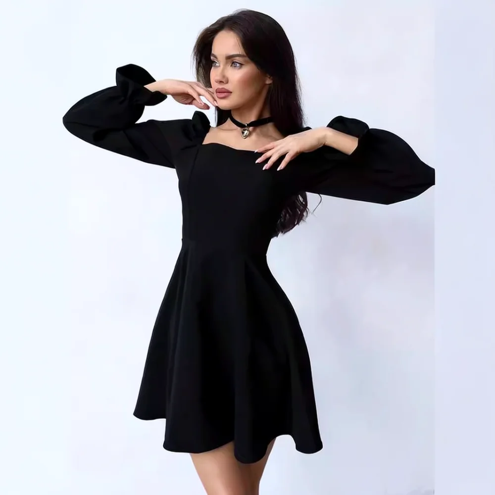Fashion Square Neck Puff Sleeve Dress Women High Waist Slim Fit A Line Solid Color Elegant Casual Summer Party Evening