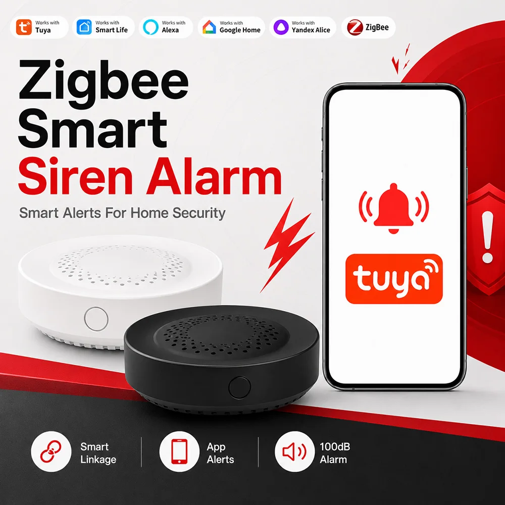 Tuya Zigbee Smart Siren Alarm 100dB Buzzer Home Security Warning Device Works With Alexa Yandex Alice Hub Required