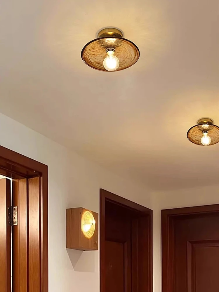 

Modern Amber Glass Brass LED Ceiling Lights Decoration Home Lighting Corridor Balcony Living Bedroom E27 Ceiling Lamp Lamparas