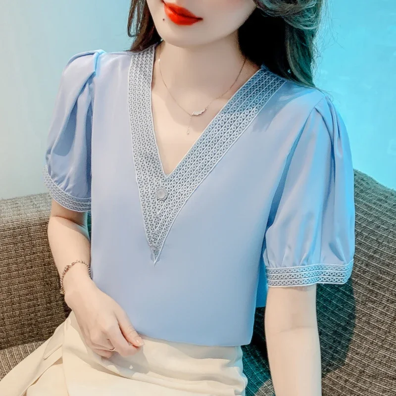 Fashion Women Short Puff Sleeve Tops Summer Simple Blouse Office Lady Elegant V-Neck Blouse Pearl Button Shirt Pullover 27046