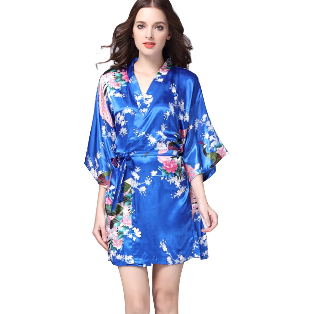 Pregnant Women's Satin Nightgown,Lady Pajamas,Cardigan Sleepwear,Maternity Pregnancy Faux Silk Peacock Floral Kimono Robe