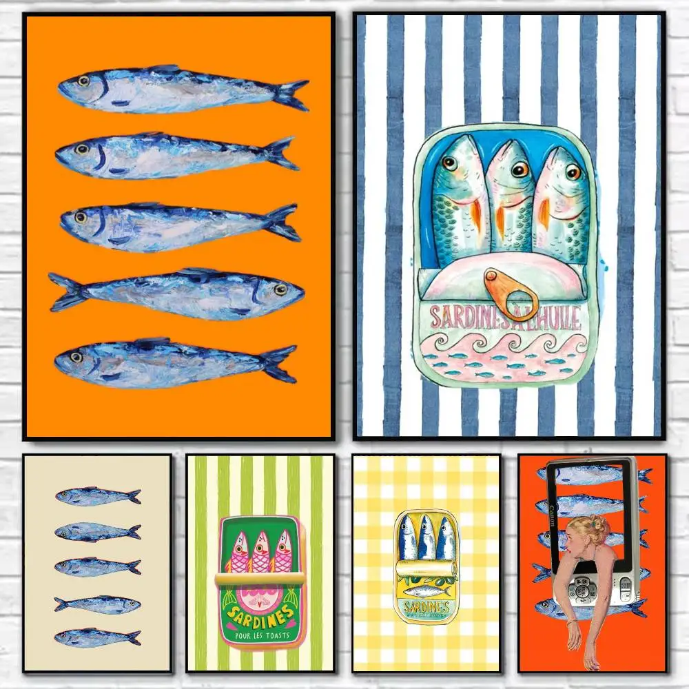 Sea Fisher Sardines Poster Self-adhesive Art Waterproof Paper Sticker Coffee House Bar Room Wall Decor