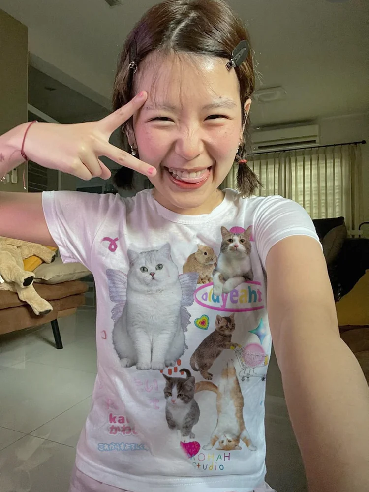 เสื้อยืดแขนสั้นแมวน่ารัก Y2K ญี่ปุ่นเสื้อครอปสำหรับผู้หญิงเสื้อครอปแบบกรันจ์เสื้อแฟรี่กราฟิกเสื้อยืดเด็กผู้หญิง MODE Korea 2000S