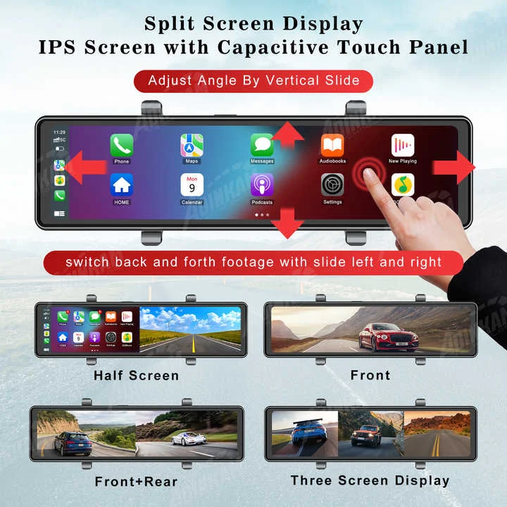ADINKAM Mirror Dash Cam Car Screen 11.26 Inch 4k Bt Wireless Carplay Touch Screen Android Auto Rearview Reversing Aid Amplifier