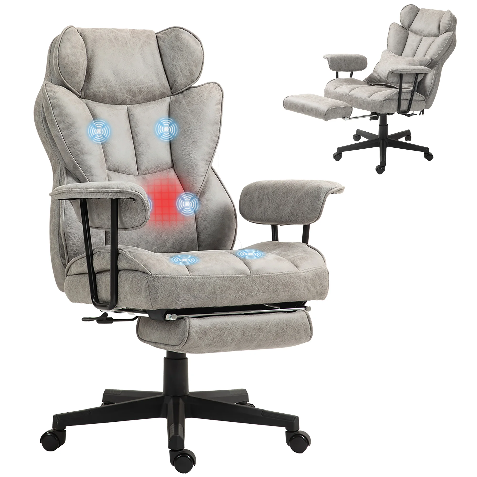 HOMCOM Massage Executive Office Chair with 6 Vibration Points, 400LBS Heated Big and Tall Office Chair with Foot Rest and Lumbar Support, Microfiber Reclining Computer Desk Chair, Gray