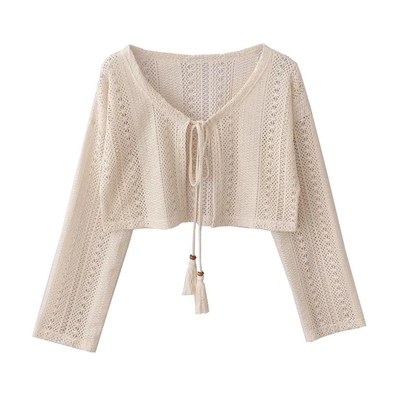 Bohemian Style Hollow out Knitted Light Weight Summer Cardigan Women's Ice Silk Outerwear to Be Worn over Strap Dresses