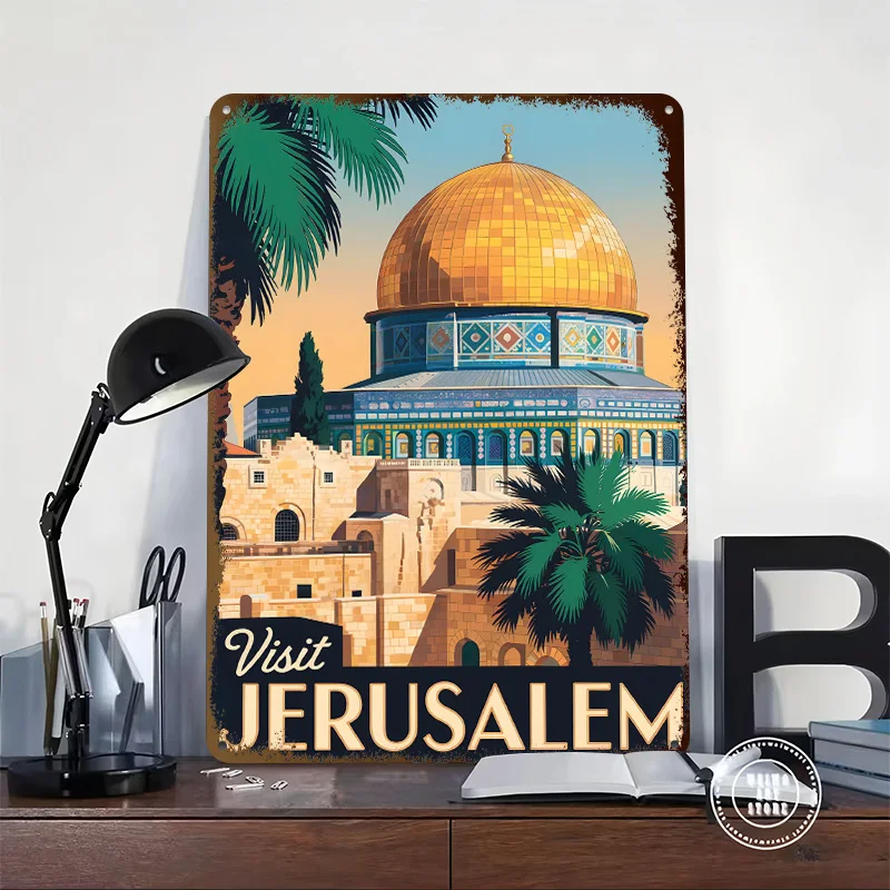 Visit Jerusalem Travel Poster Retro 3D Printed Metal Signs Customized Wall Hanging Gift for Wand Deko Garage Accessories Art Bar