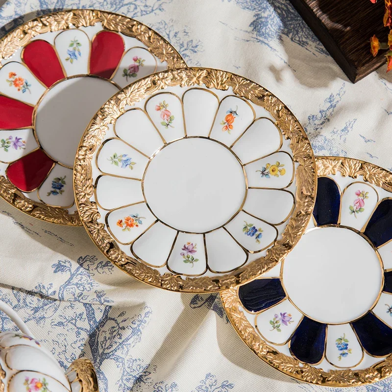 Luxury European Tea Set High-End Coffee Cups and Plates Style Reliefs with Gold Painting Techniques Fine Porcelain