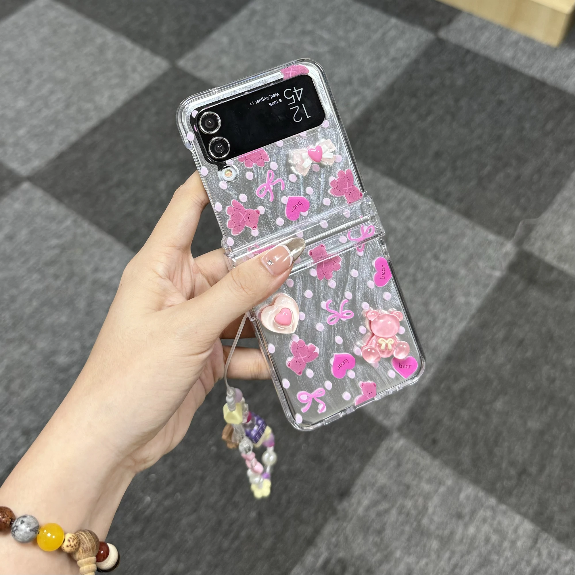 Samsung Polka Dot Love Bear Folding Phone Case with Chain Cute Girl Phone Accessories for Galaxy Z Flip 3 4 5 6