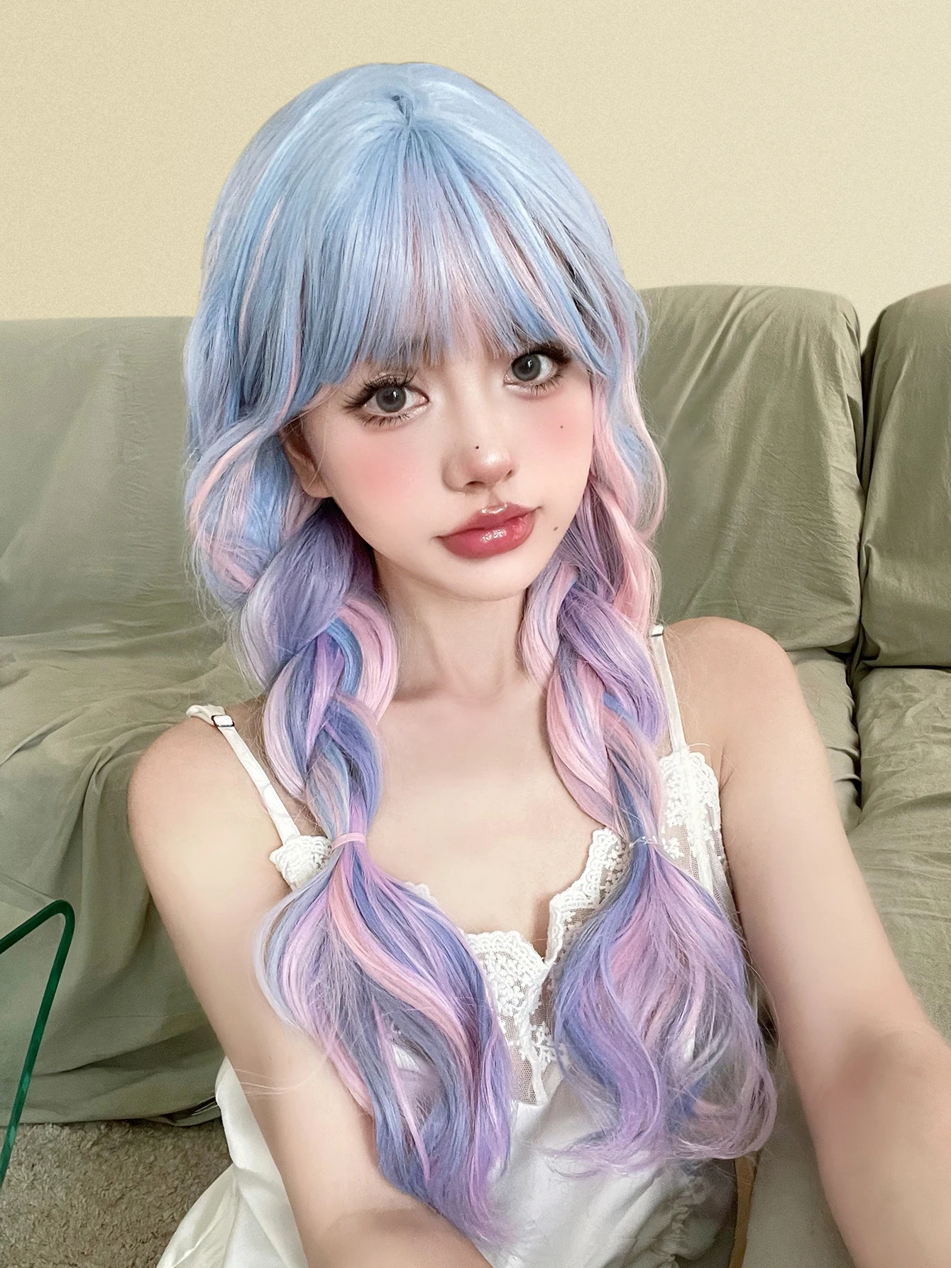 26Inch Fantasy Purple Mix Lolita Synthetic Wigs With Bang Long Natural Wavy Hair Wig For Women Cosplay Daily Use Heat Resistant