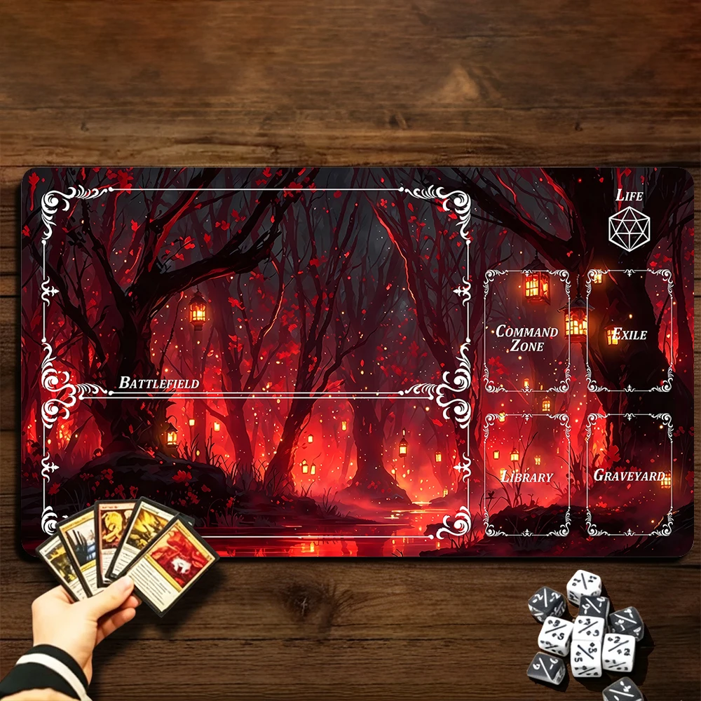 Red Mist Forest TCG Playmat Magic Playmat Gathering Gaming Mat with Stitched Edge Anti-slip base 60X35cm Trading Card Game