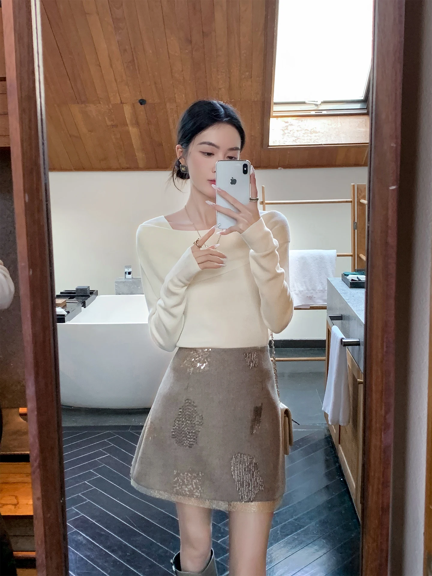 

Retro Shiny Thin Woolen A-Line Skirt Spring New Style Slimming Versatile Business Casual Polyester Blend Skirt
