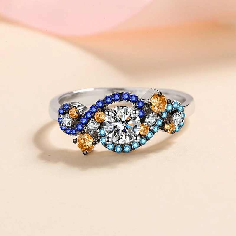 Elegant PT950 Platinum Women’s Angel Eye Color-Block Micro-Set Moissanite Ring, Exquisite Candy Color-Block Moissanite Ring