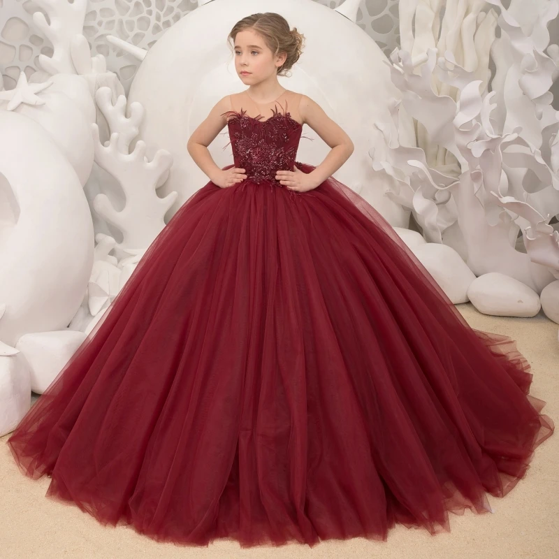 

Burgundy Flower Girl Dresses Tulle Puffy Appliques With Tailing Sleeveless For Wedding Birthday Party Banquet Princess Gowns