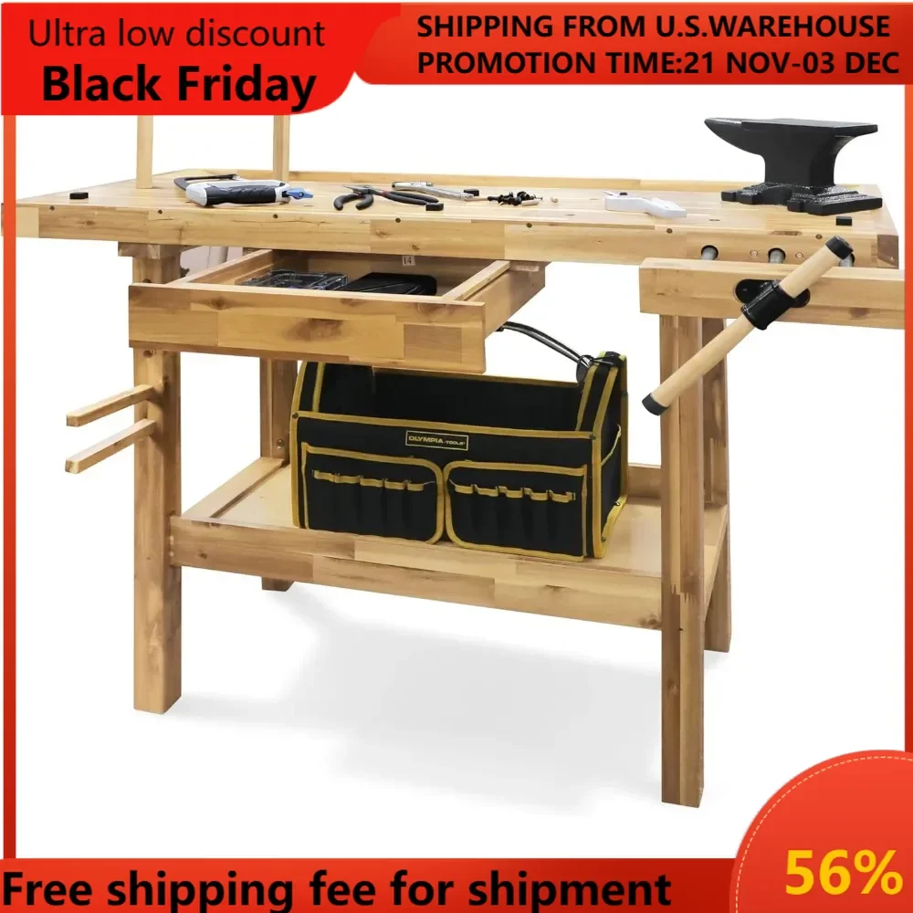 48-Inch Acacia Hardwood Workbench with Drawer - 330lbs Weight Capacity Heavy Duty Portable Wood Work Bench Table for Garage