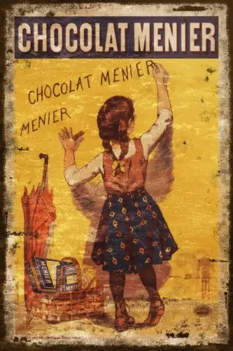 Chocolat Menier Schokoladen keks Werbung gealterter Look Vintage-Stil Metalls child