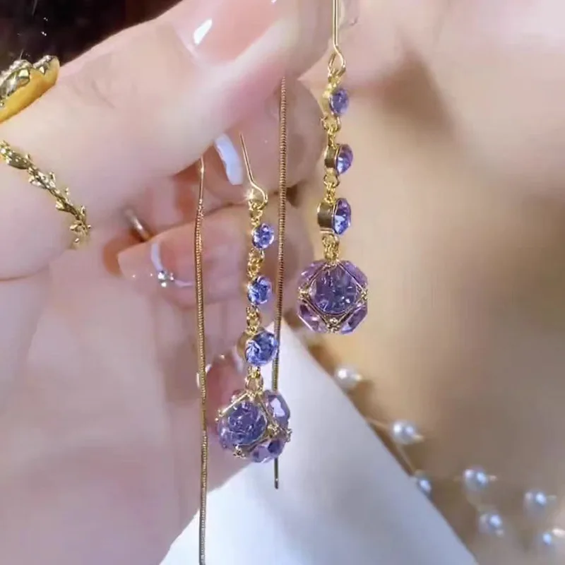 Sweet  New model Temperament Luxury with a touch of elegance Purple Drill ball Tassel  Alloy Long-style earrings