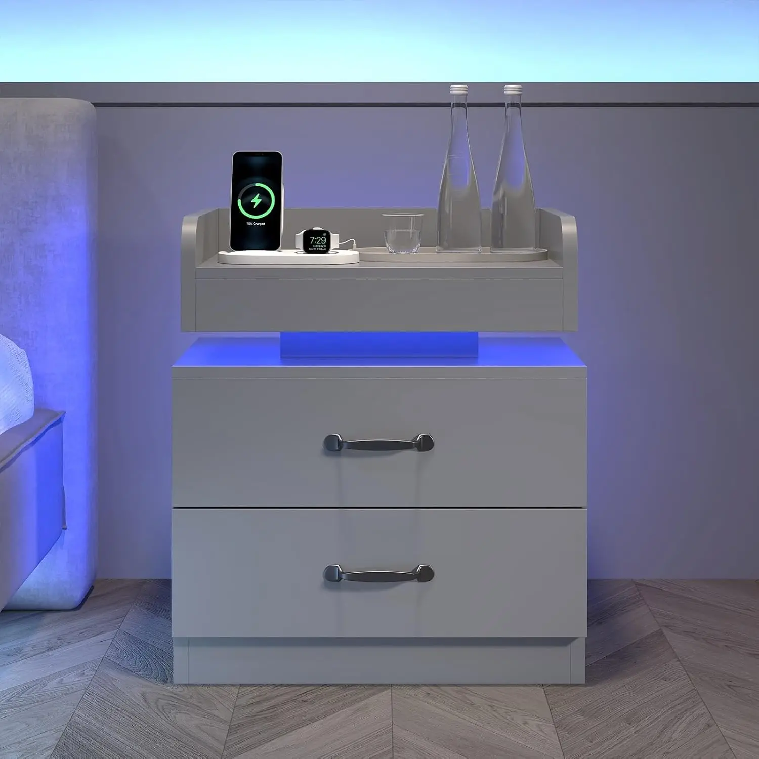Grey Nightstand with Charging Station and LED Lights