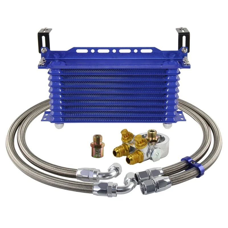 10 Row Engine Trust Oil Cooler w/ Thermostat 80 Deg Oil Filter Adapter Kit Blue/ Black