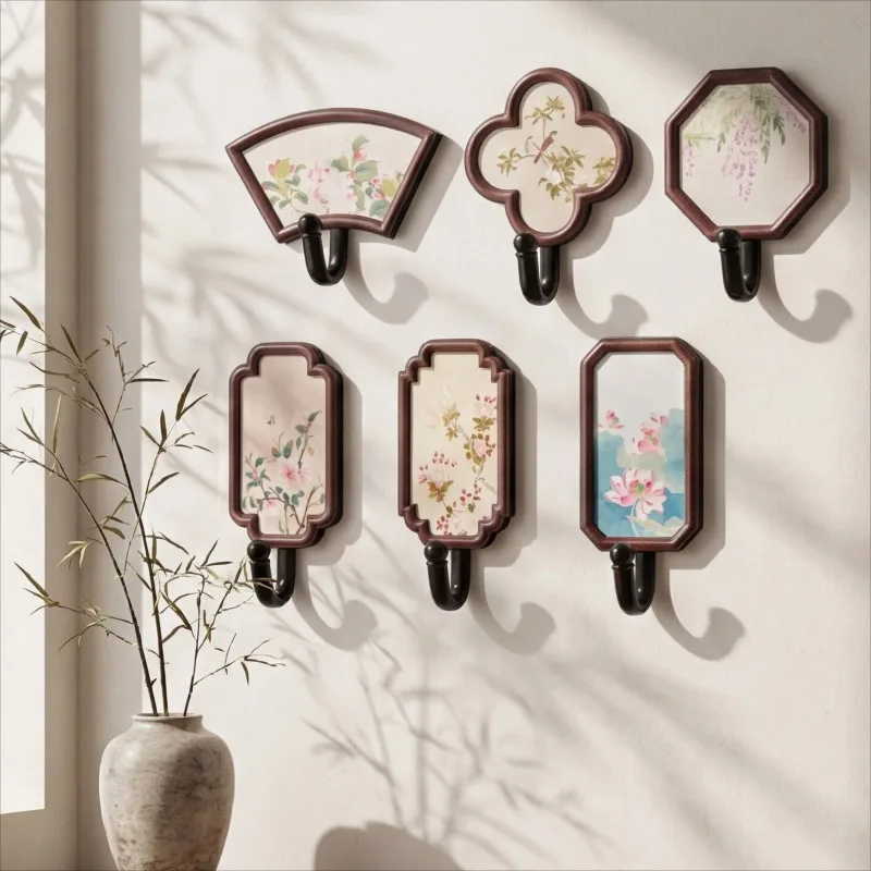 Walnut wood hanging, Chinese style, no trace, no punching, strong entrance, clothing, wall, bathroom, adhesive hook