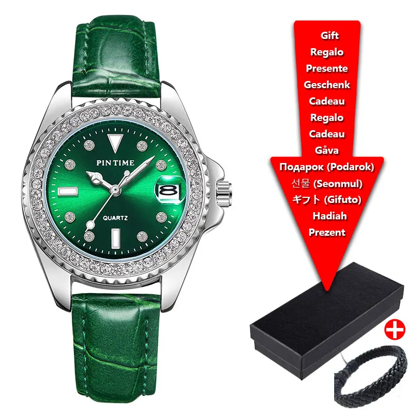 Ladies Quartz Watch Green Leather Strap Rhinestone Bezel Waterproof Date Display Women Wristwatch Fashion Business Watch
