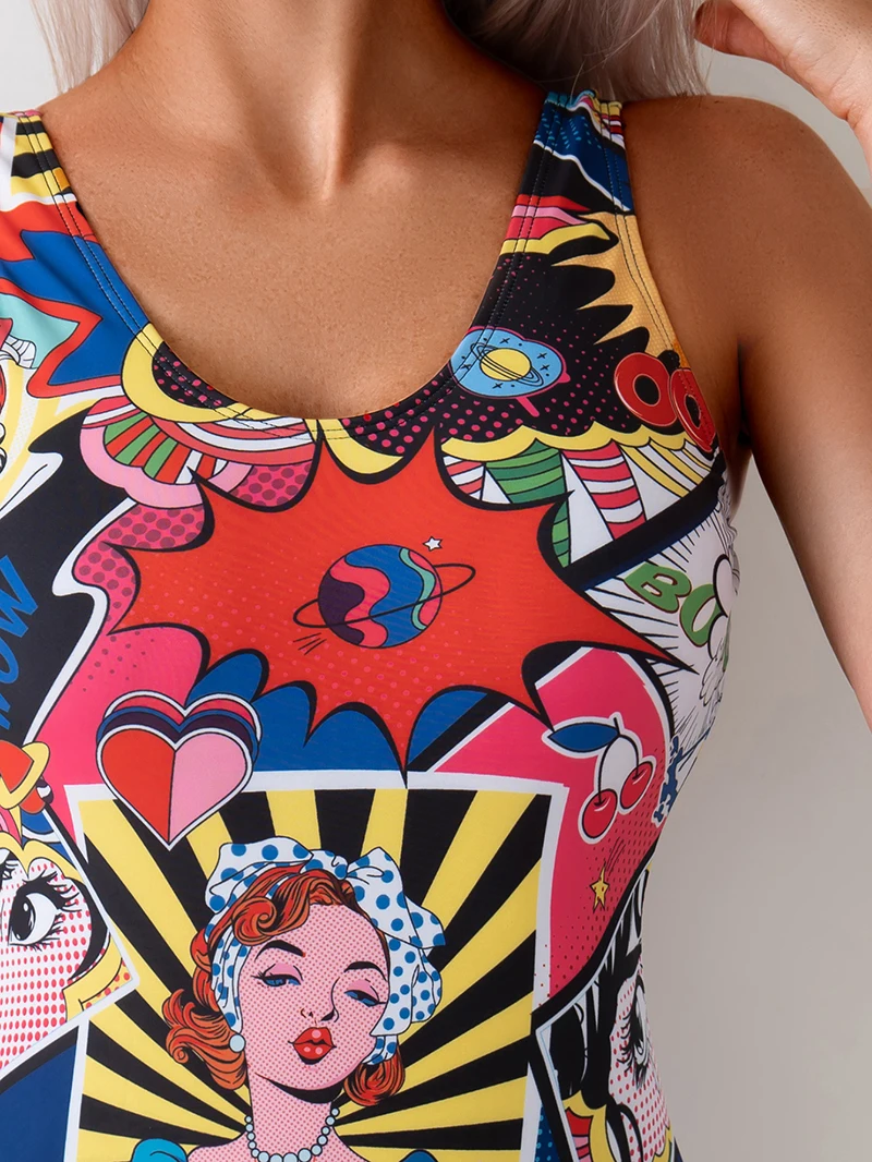 Sexy One Piece Swimwear Women 2025 Colorful Girl Graffiti Print Push Up Monokini Backless Bodysuit Swimsuit Beach Bathing Suits
