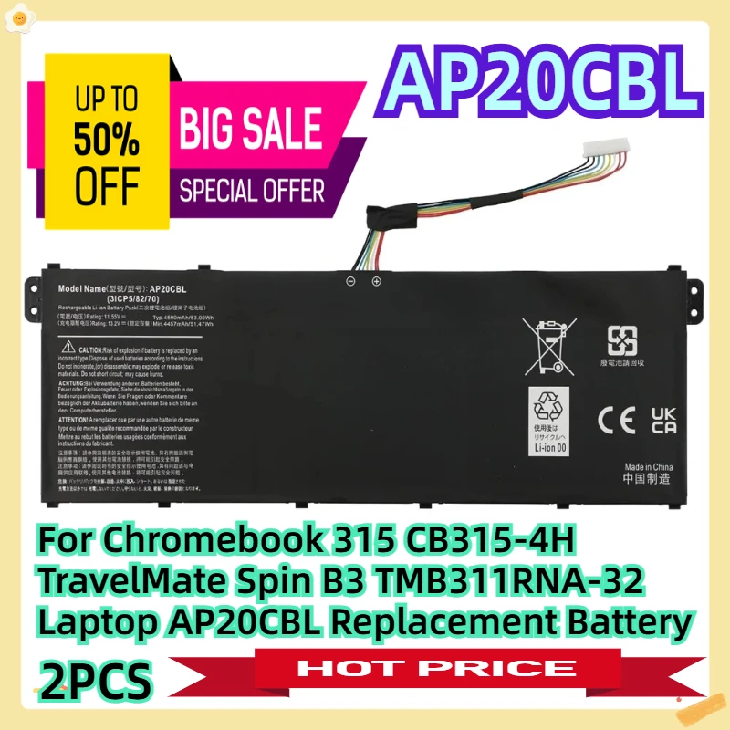 

For Chromebook 315 CB315-4H TravelMate Spin B3 TMB311RNA-32 Laptop AP20CBL Replacement Battery 2pcs