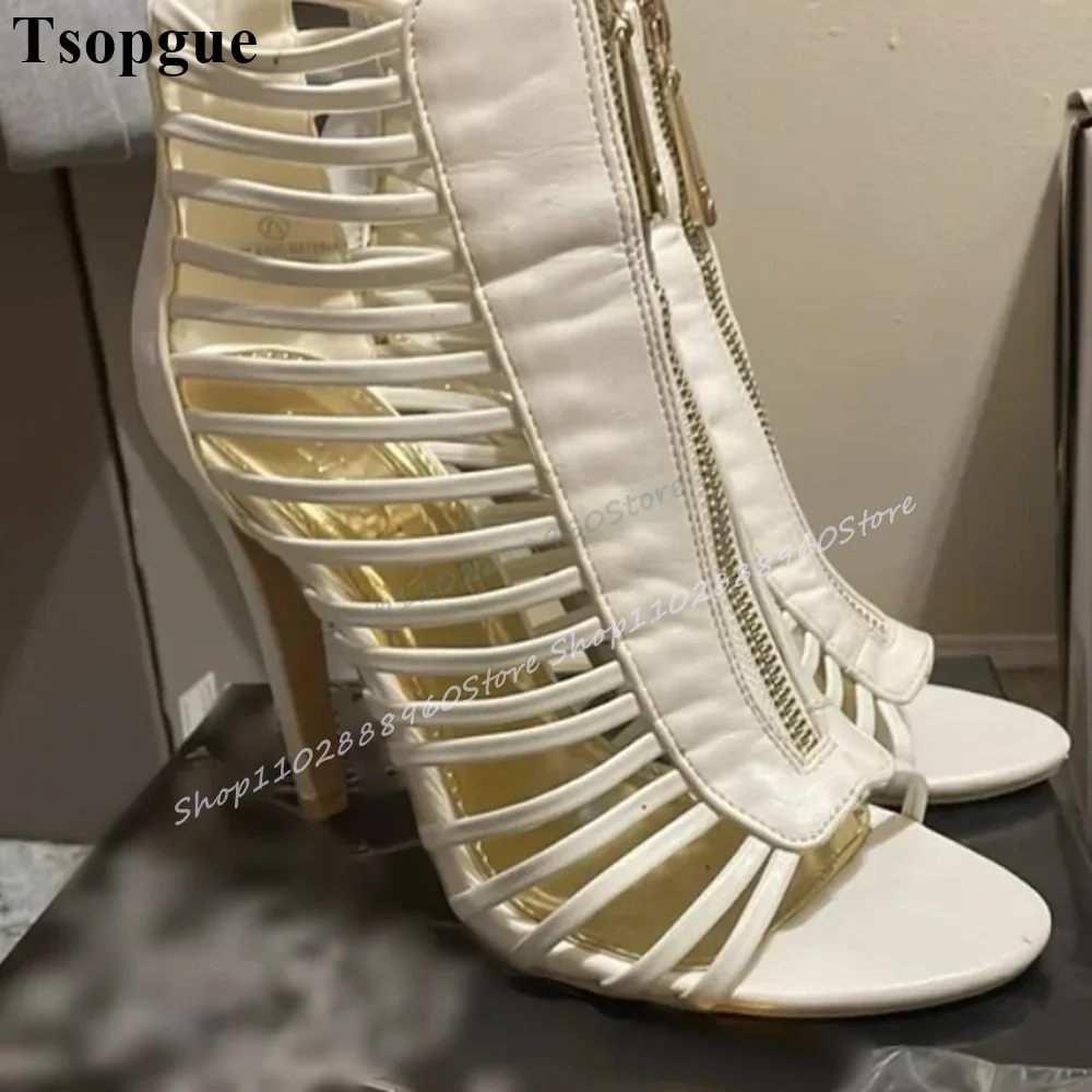 

Casual White Leather Narrow Strappy Sandals Thin High Heel Women Shoes Back Zipper Peep Toe 2025 Fashion Zapatos Para Mujere