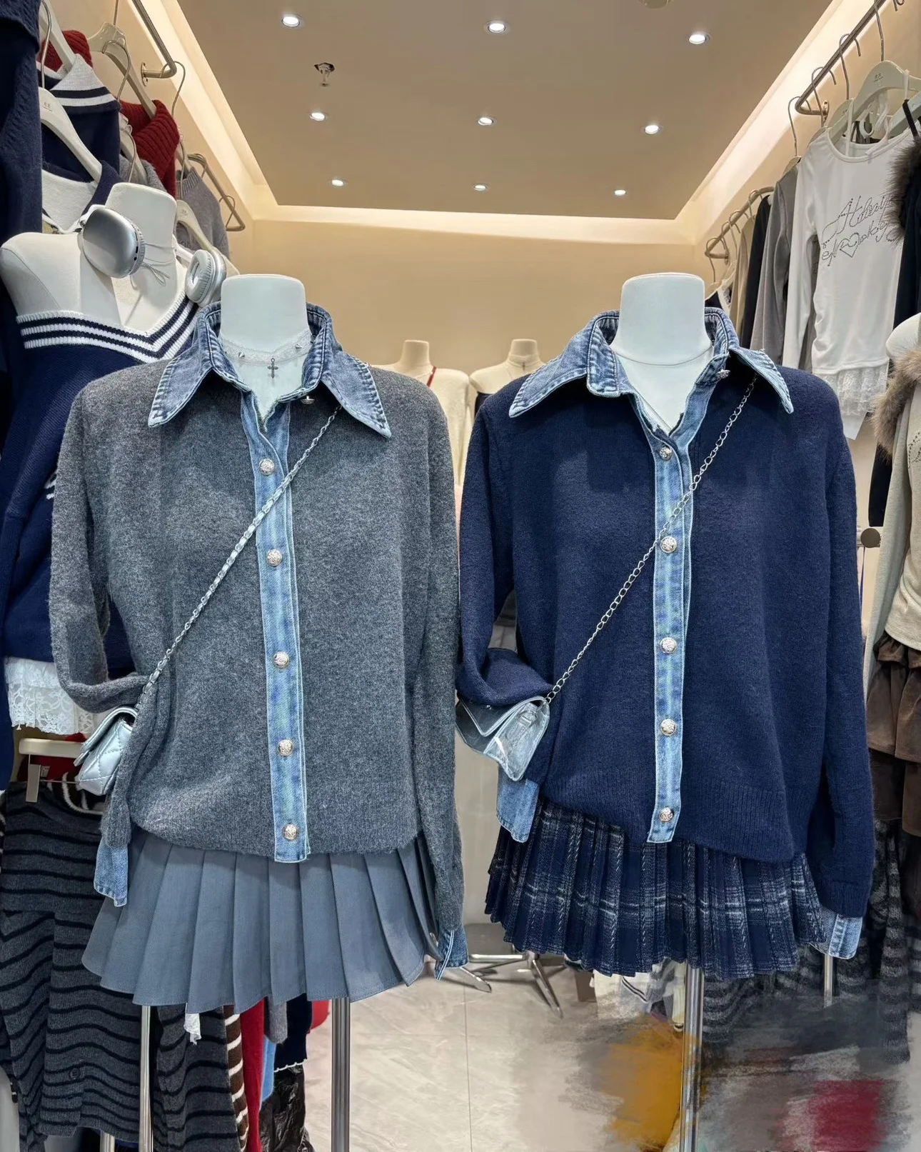 

Retro Denim Patchwork Knitted Jaet Women's Autumn Winter New Sle Versatile Design Top Women's Faion Commute Loose Fit