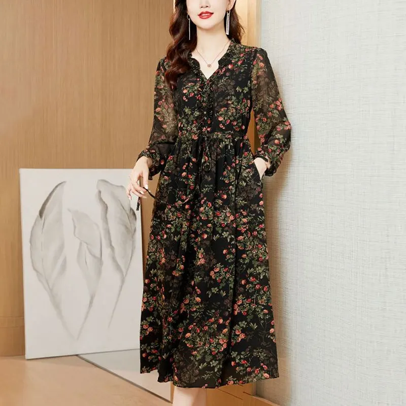 Female Clothing Broken Flowers Long Dress Vintage Printed Stylish Drawstring Spring Autumn A-Line Waist Elegant V-Neck Dresses