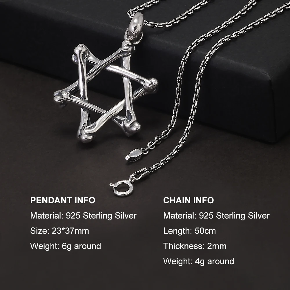 925 Sterling Silver Six Pointed Star Pendant Necklace Women and Men Hollow Jewish Star of David Necklace Hiphop Retro Jewelry
