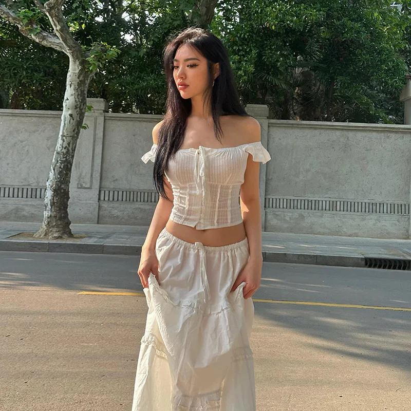 Lygens Y2K Off The Shoulder Ruched Crop Top Long Skirt Women\'S Sets Summer Casual Elegant Ladies 2024 Korean Popular Clothes