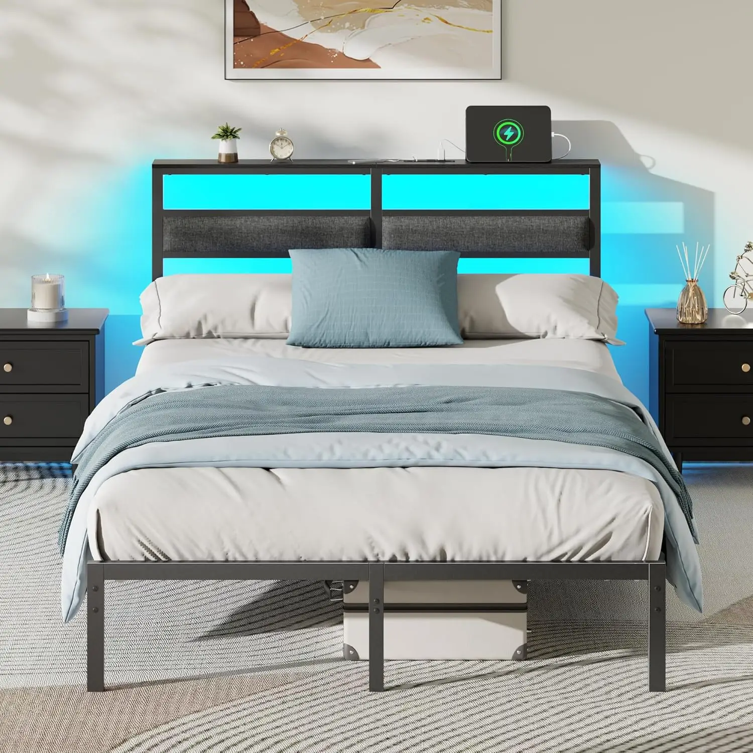 Full Size Platform Bed Frame with LED Lights & USB Charging, Black Metal, Customized