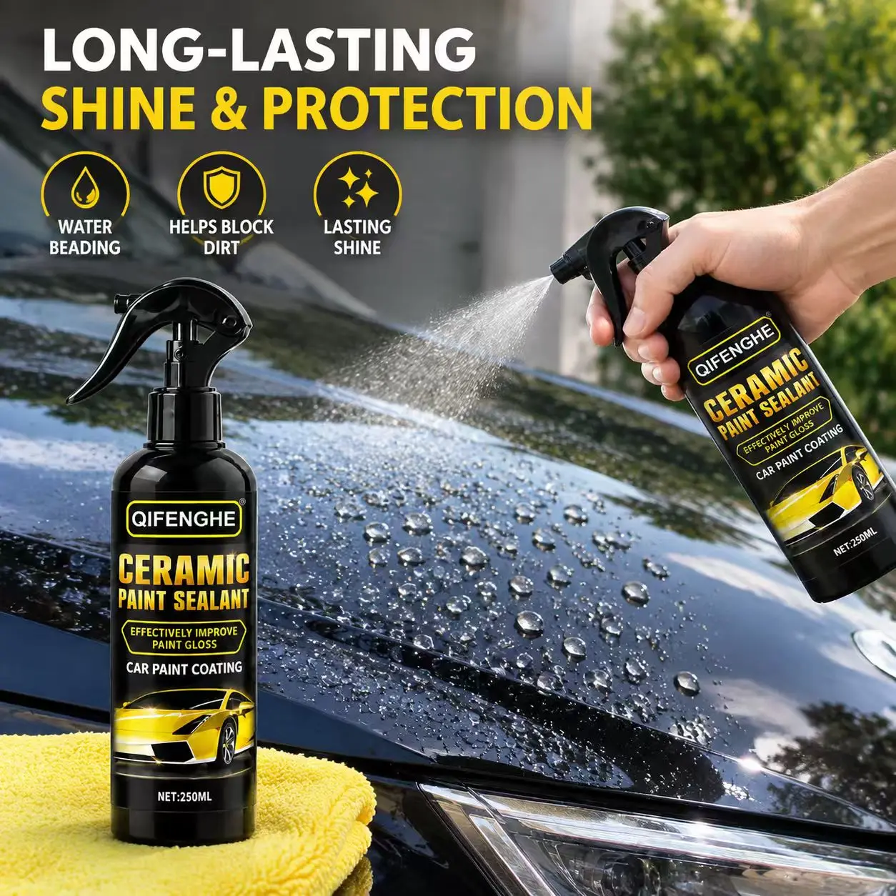 QIFENGHE Ceramic Paint Sealant 250ml Car Coating Spray, Long Lasting Shine Water Repellent Paint Protection for Car Surface