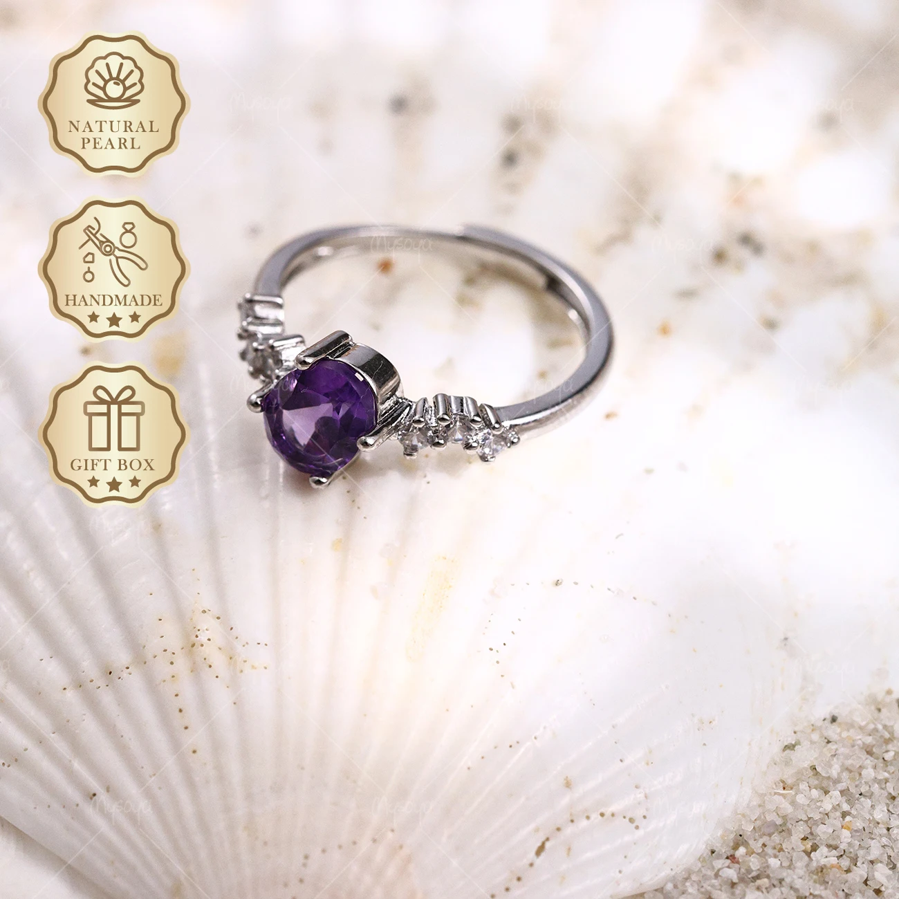 MYSOYA Silver-Plated Simple Ring with Natural Amethyst, 68mm Amethyst 1.16ct, Gift Box Included, February Birthstone SC26