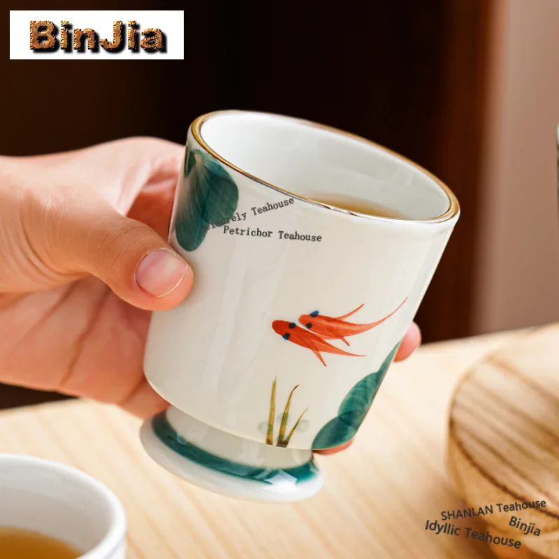 

Hand-painted Carp Flower Fruit High Foot Teacup Aesthetic Tea Bowl Jug Tea-tasting Fragrance Cup Chazhan Master Cups Supplies