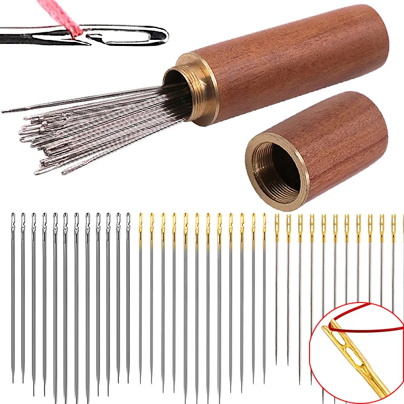 

12/24Pcs Blind Sewing Needles Wood Needle Case Elderly Self Threading Needle-side Hole Stainless Steel Needle Sewing Tools