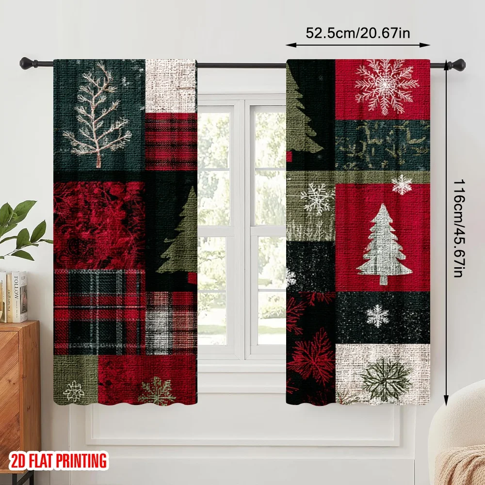 2pcs,2D plane printing Popular Curtain Panels Christmas tree snowflakes Versatile Polyester Fabric (without rod) All Seasons for