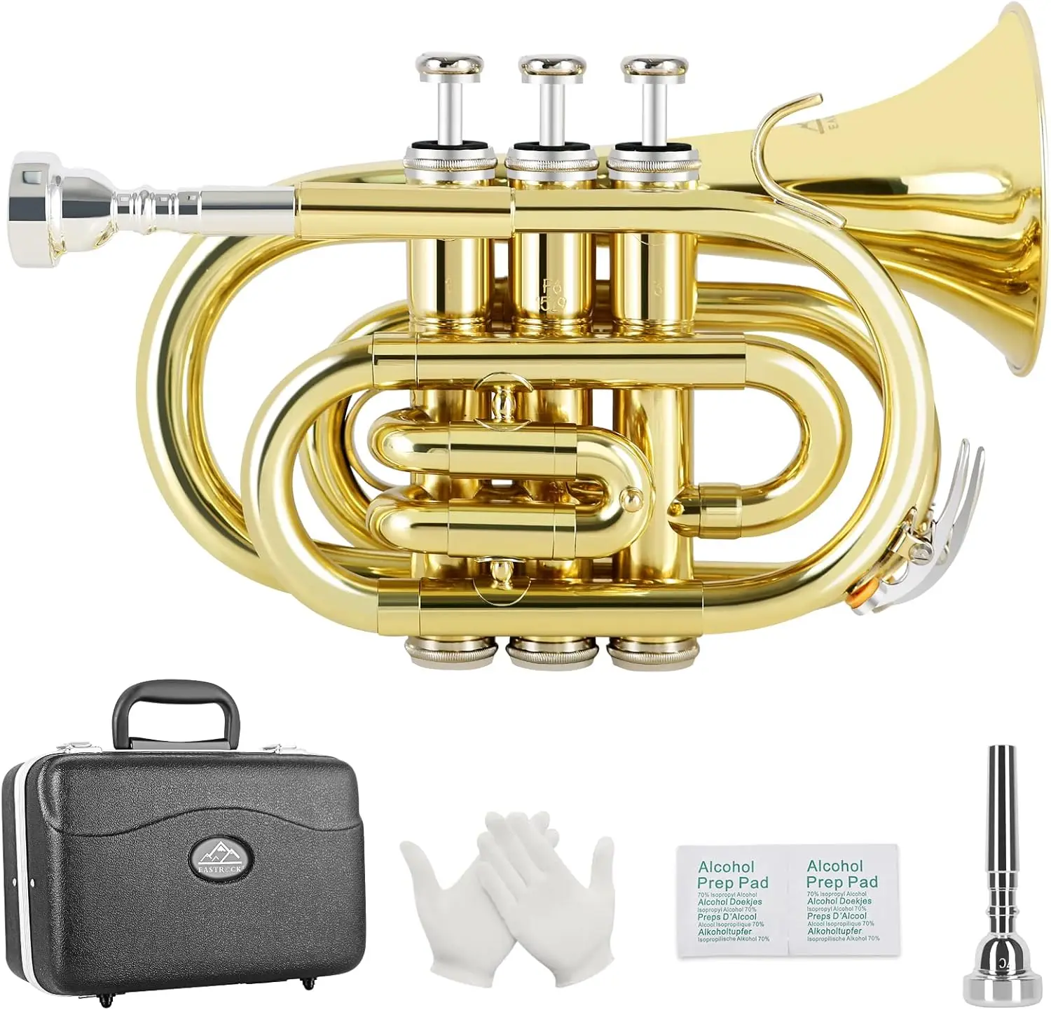 Pocket Trumpet Brass Bb Gold Lacquer Mini Trumpet with 7 C Mouthpiece, Hard Case, Strap, White Gloves, Cleaning Kit for