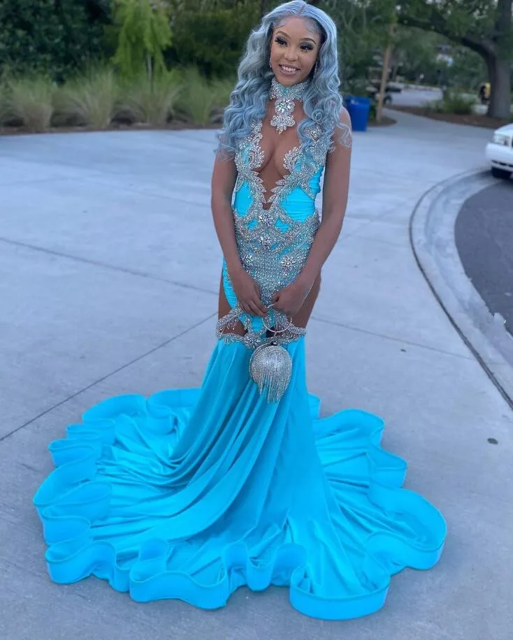 Blue Long African Mermaid Prom Dresses for Women Sparkly Diamond Crystal Beaded Evening Birthday Gown robe longue bleu