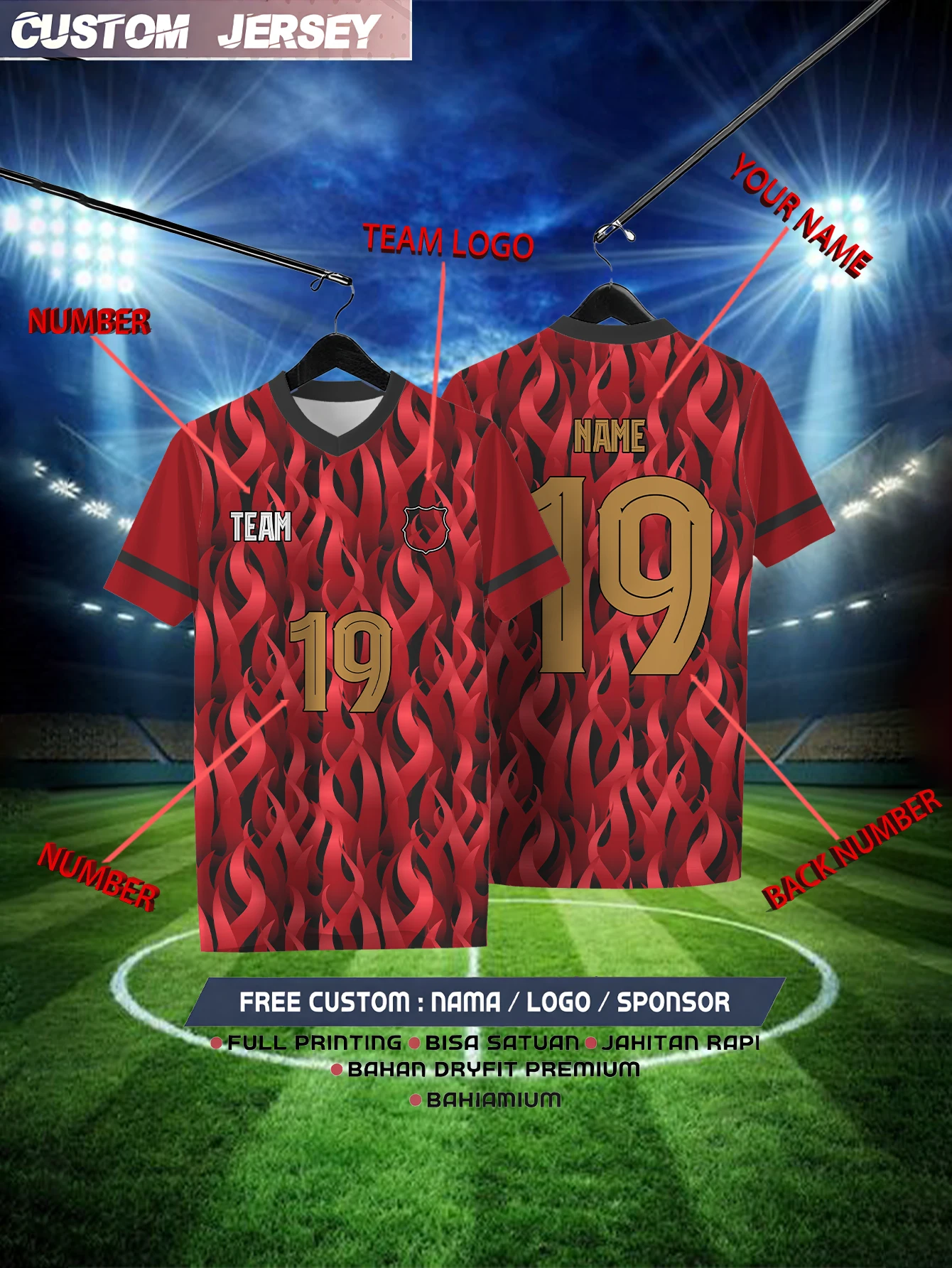 

Customized Geometric Red Short Sleeved Shirt with Team Name, Emblem, Name and Number, Outdoor Sports Short Sleeved T-shirt