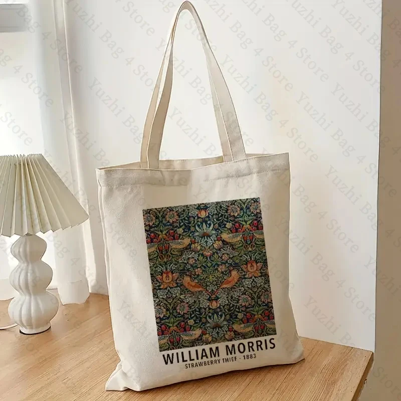 William Morris Strawberry Thief Pattern Print Tote Bags 100% Canvas Luggage Bag Gift for Him Her Vintage Art Nouveau Exhibition